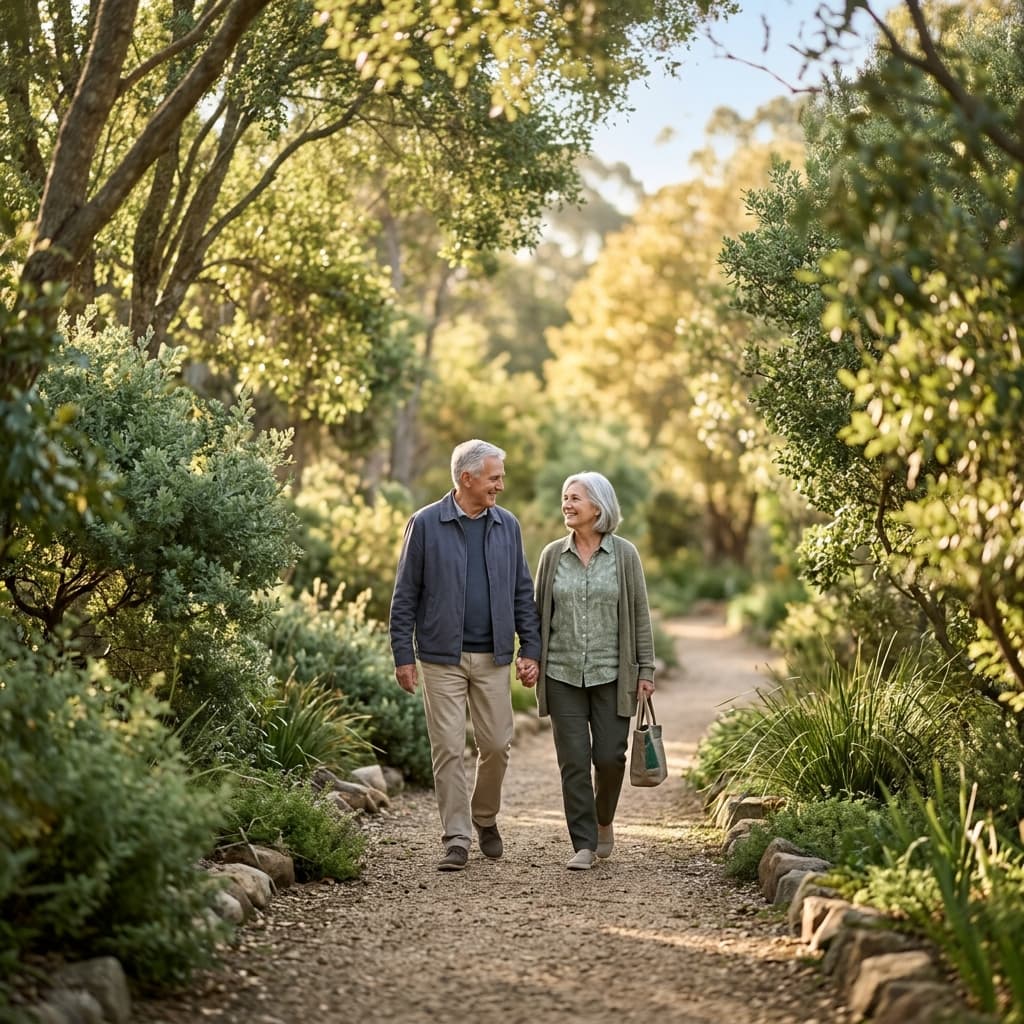A couple walking together on a peaceful tree-lined path